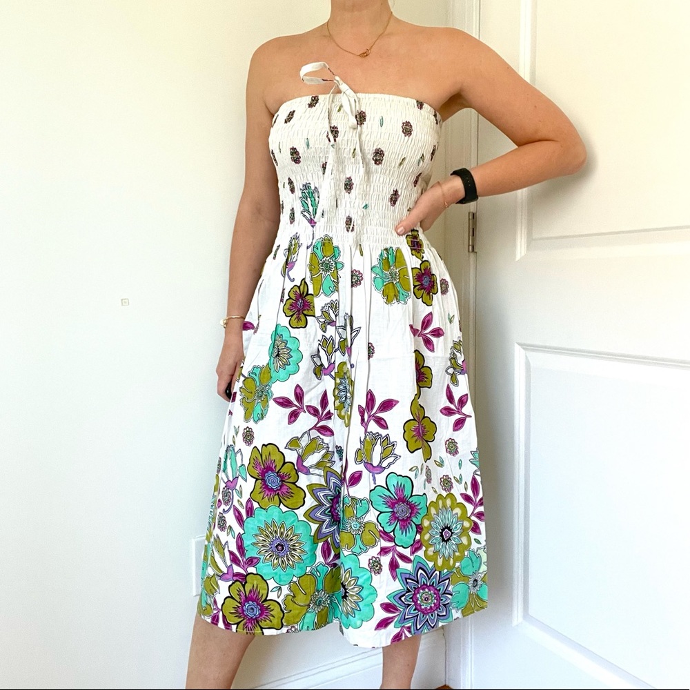 Strapless Smocked Midi Printed Cotton Beach Dress / Cover Up